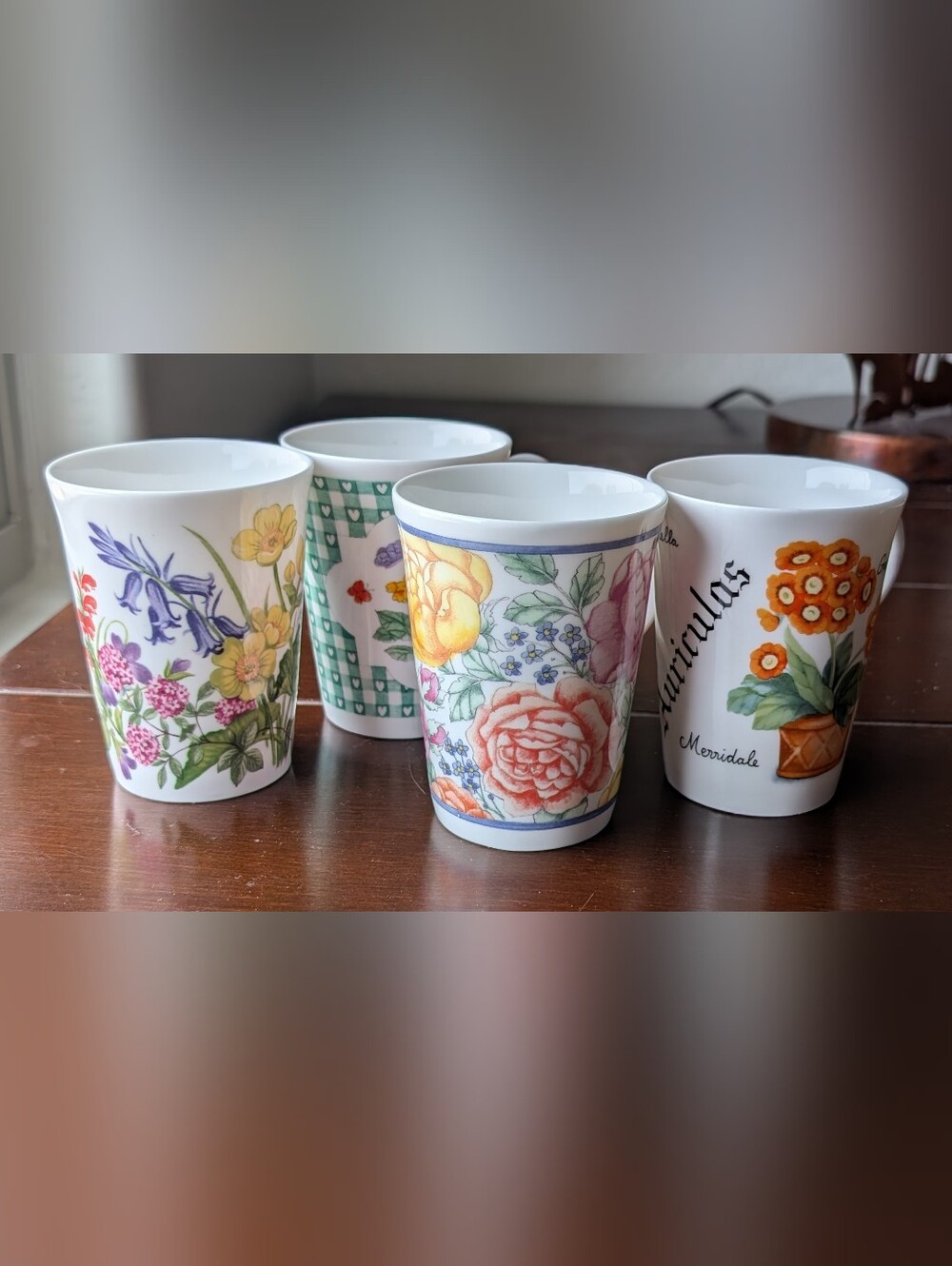 E&R Golden Crown Fine Bone China Floral Mugs - Assorted Flowers 8 Oz Set Of 4